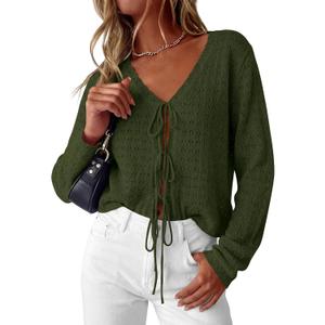 PRETTYGARDEN Womens Tie Front Cardigan 2026 Summer Boho Crochet Knit Cover Up Beach Vacation Hollow Out Lightweight Tops (White, L)