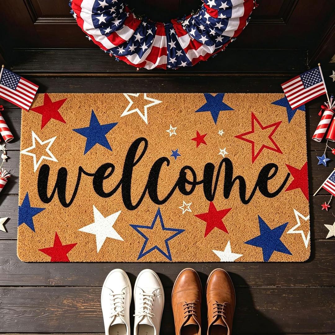 4th of July Patriotic Artificial Coir Front Door Mat 17" X30" Blue White Star Welcome Doormat Non Slip USA 250th Anniversary Independence Day Entry Rug for Indoor Outdoor Kitchen Bathroom Porch Decor