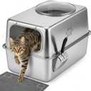 Large Enclosed Stainless Steel Cat Litter Box with Mat & Scoop, Leak-Proof, Narrow Side, 23.8"L x 15.9"W x 15.1"H