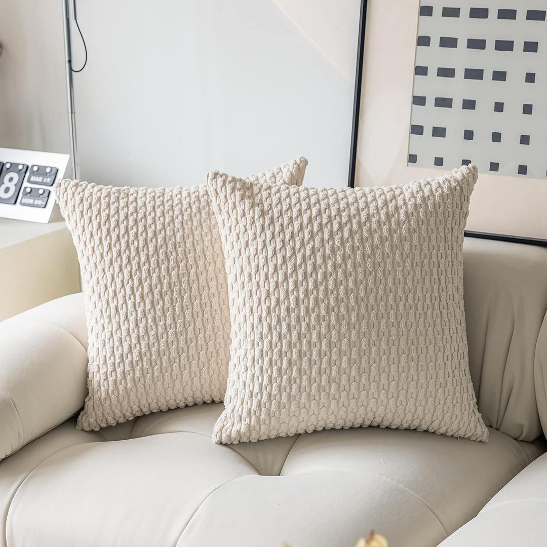 Kevin Textile Set of 2 Decorative Pillow Cover Solid Striped Corduroy Plush Velvet Boho Cushion Cover for Couch 50cm 20 x 20 Inch Cream
