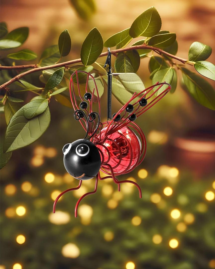 Lighted Outdoor Display - Solar Powered Hanging Bee Decor with Bouncy Springs - Outdoor Hanging Solar Lights for Christmas Garden, Yard, Patio, Porch (Red)