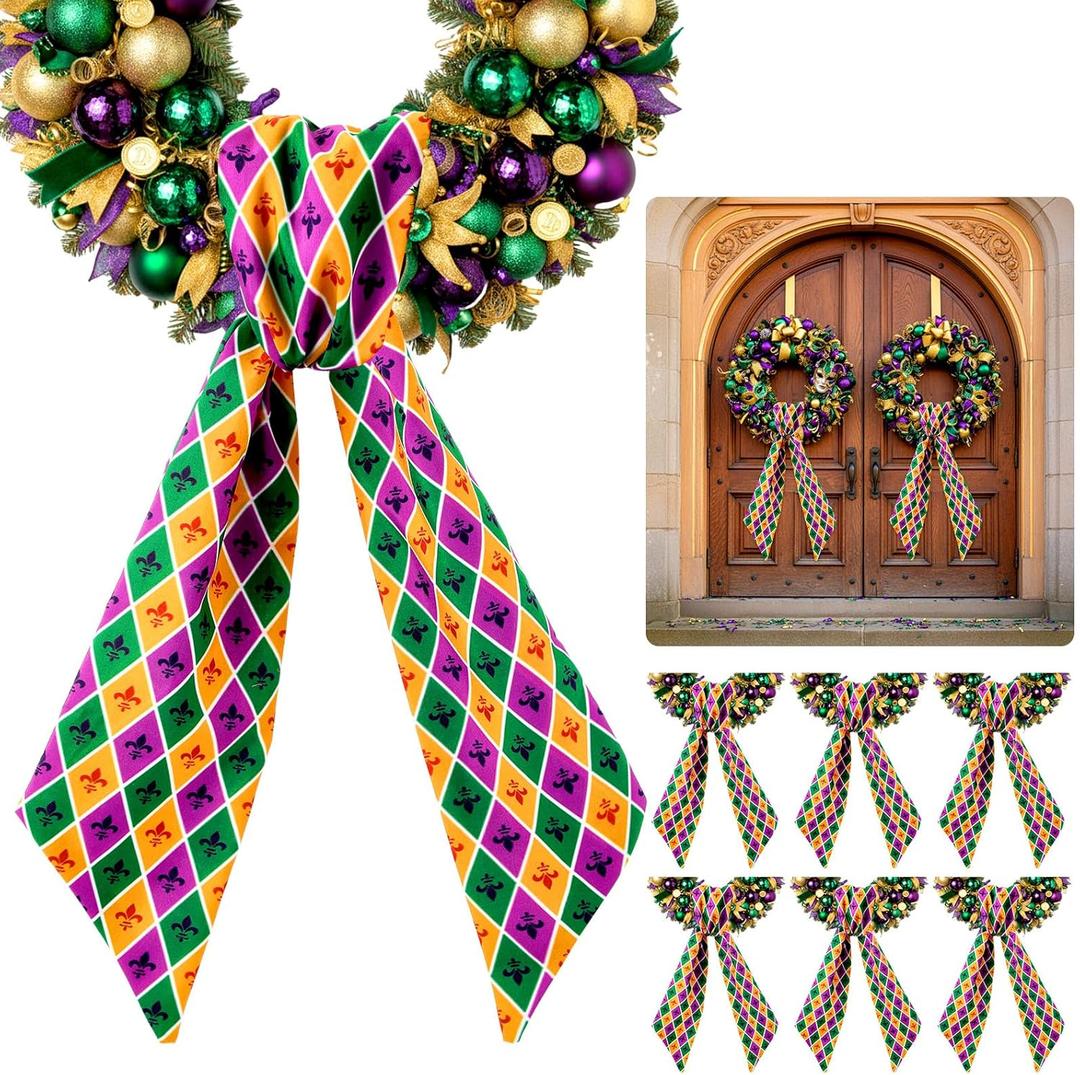 2 x XunYee 6 Pcs Mardi Gras Wreath Sash for Front Door Green Purple Gold Wreath Sash for Mardi Gras Fat Tuesday Carnival Party Door Wall Decoration