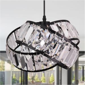 Modern Crystal Chandelier Light Fixure Vintage Geometric Mini Ring Black Chandeliers Rustic Modern 11.2" Crystal Chandelier for Dining Room, Kitchen Island, Living Room, Bedroom
