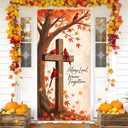 Always Loved Never Forgotten Door Cover Decorations Thanksgiving Porch Sign Maple Leaves Leaf Banner Religious Cross Cardinal Bird Welcome Covers for Autumn Harvest Outdoor Christmas Holiday Supplies