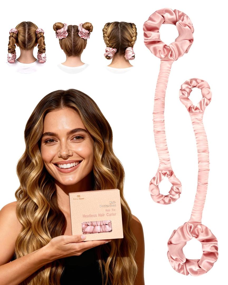 BONNET QUEEN Heatless Hair Curler Set (2Pcs), Heatless Curls Overnight with Satin Hair Rollers, All-in-One Curling Rod for Hair Curlers to Sleep In, Cream Pink(For Bouncy Curls)