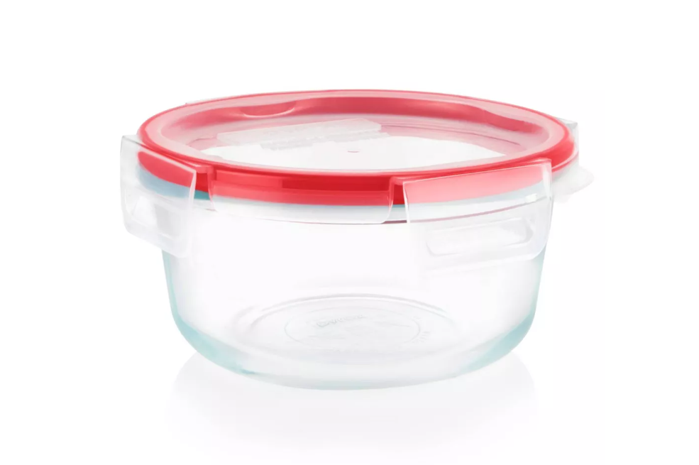 Pyrex Freshlock 4 Cup Round Food Storage Container: Glass Container with Lid, Oven & Microwave Safe, Clear/Red
