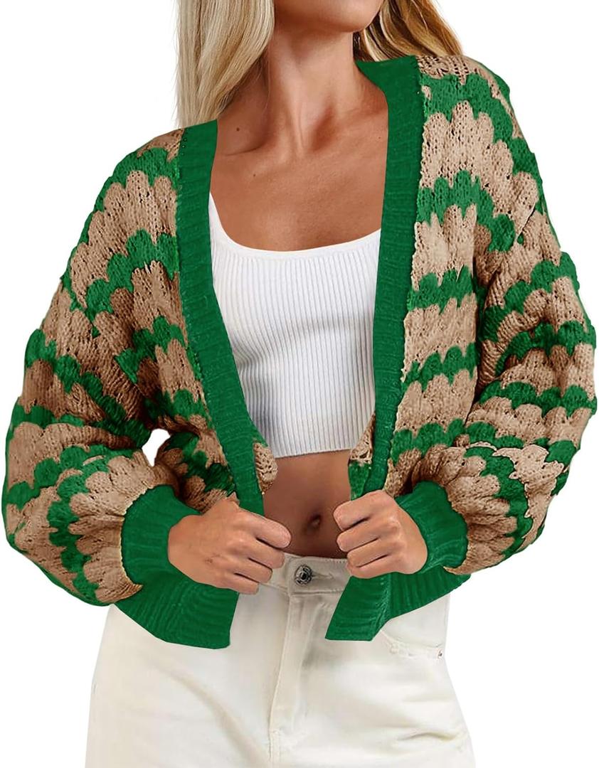 Saodimallsu Womens Cropped Cardigan Striped Open Front Long Lantern Sleeve Color Block Loose Chunky Knit Sweater Coat (Green)