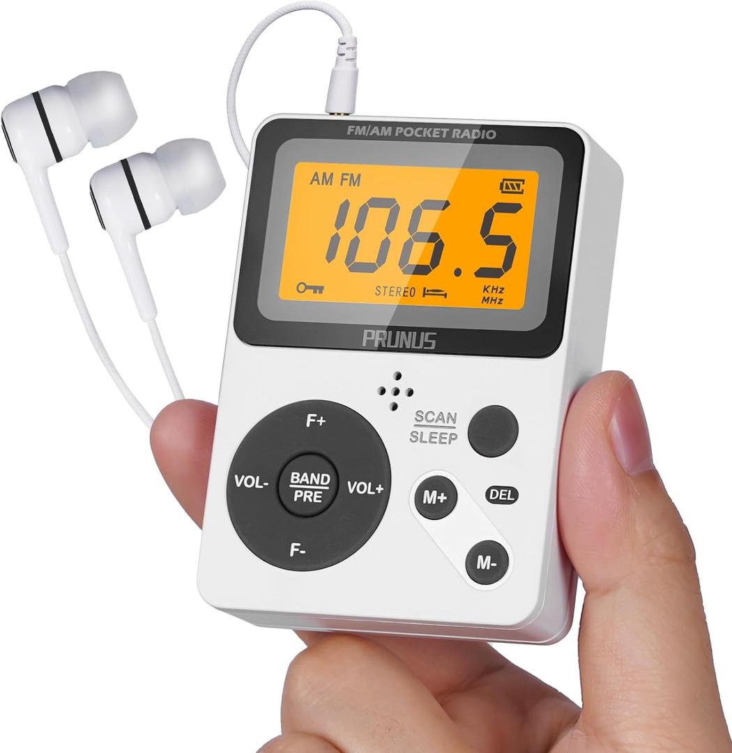 PRUNUS J-159 Pocket AM FM Radio Portable with Stereo Earphone, Battery Operated Radio by 2 AAA, Manual Preset, Lock Key Walkman Radios,Sleep Timer, Mini Radios, Digital Radio(No Speaker)