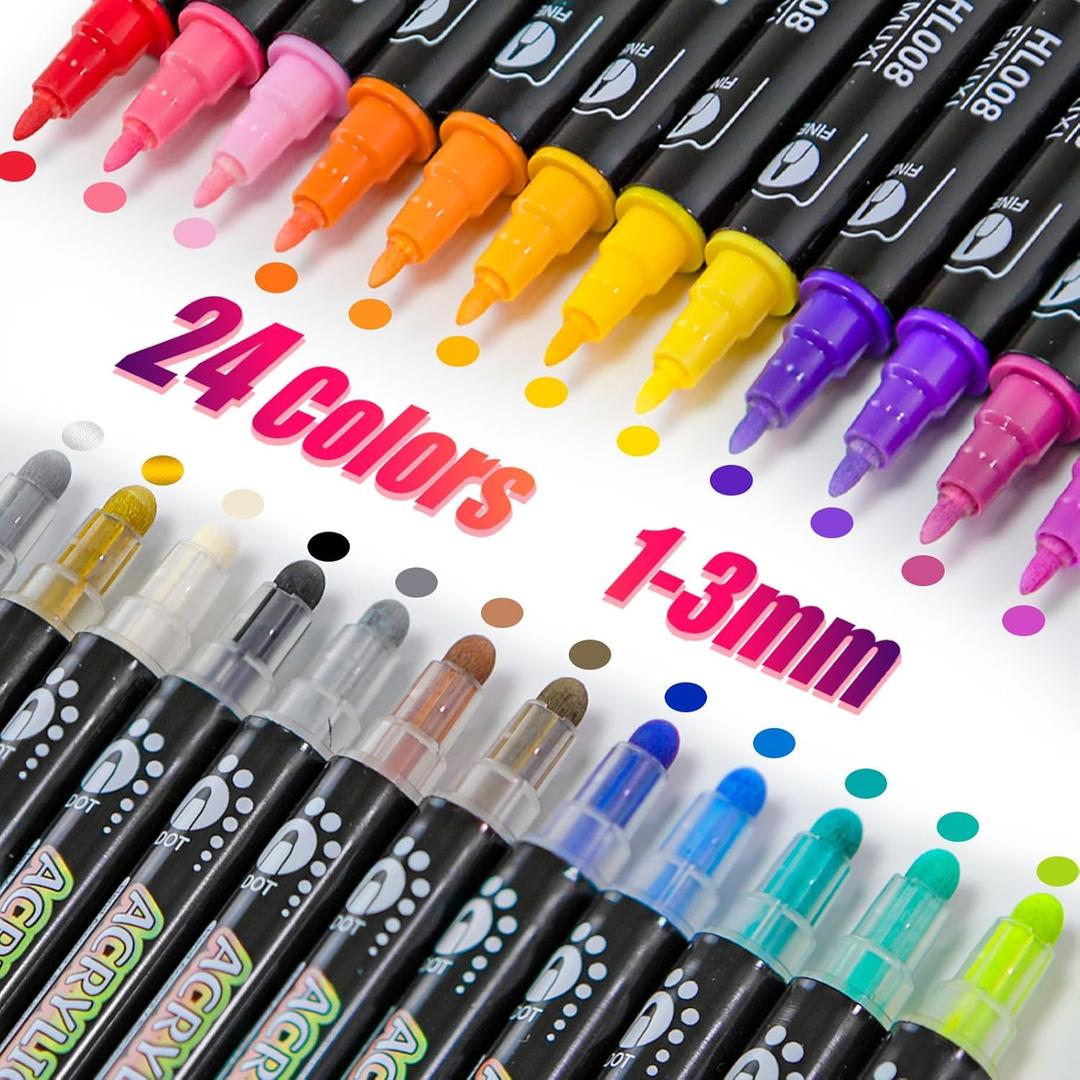 Fabric Markers, 24 Colors Dual Tip Acrylic Paints, Fabric Markers for Kids Adult, Cards Drawing Rock Painting Craft Kit School Supplies, Acrylic markers for DIY Crafts & Art (Dot + Fine)