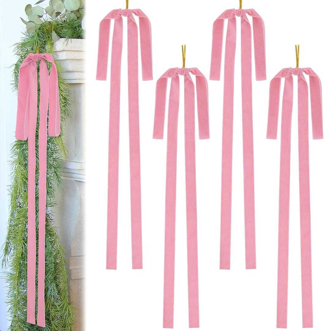 Large Velvet Christmas Bow 23.6x15.7 Inch Vintage Christmas Tree Topper Bows Christmas Staircase Wreath Bows for Xmas Fireplace Decoration (4, Pink)