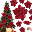 24 Pcs Christmas Velvet Magnolia Flowers Large Artificial Poinsettia Flower Picks 8'' Christmas Glitter Magnolia Floral Picks Stems for Xmas Tree Party Wedding Wreath Decoration (Burgundy)