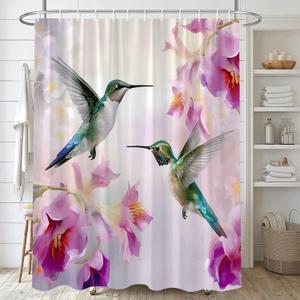 Hummingbird Flower Shower Curtain Rustic Pink Floral and Animals Spring Tropical Jungle Wildlife Farmhouse Rural Nature Bathroom Decor Set 70x70 inch with Hook