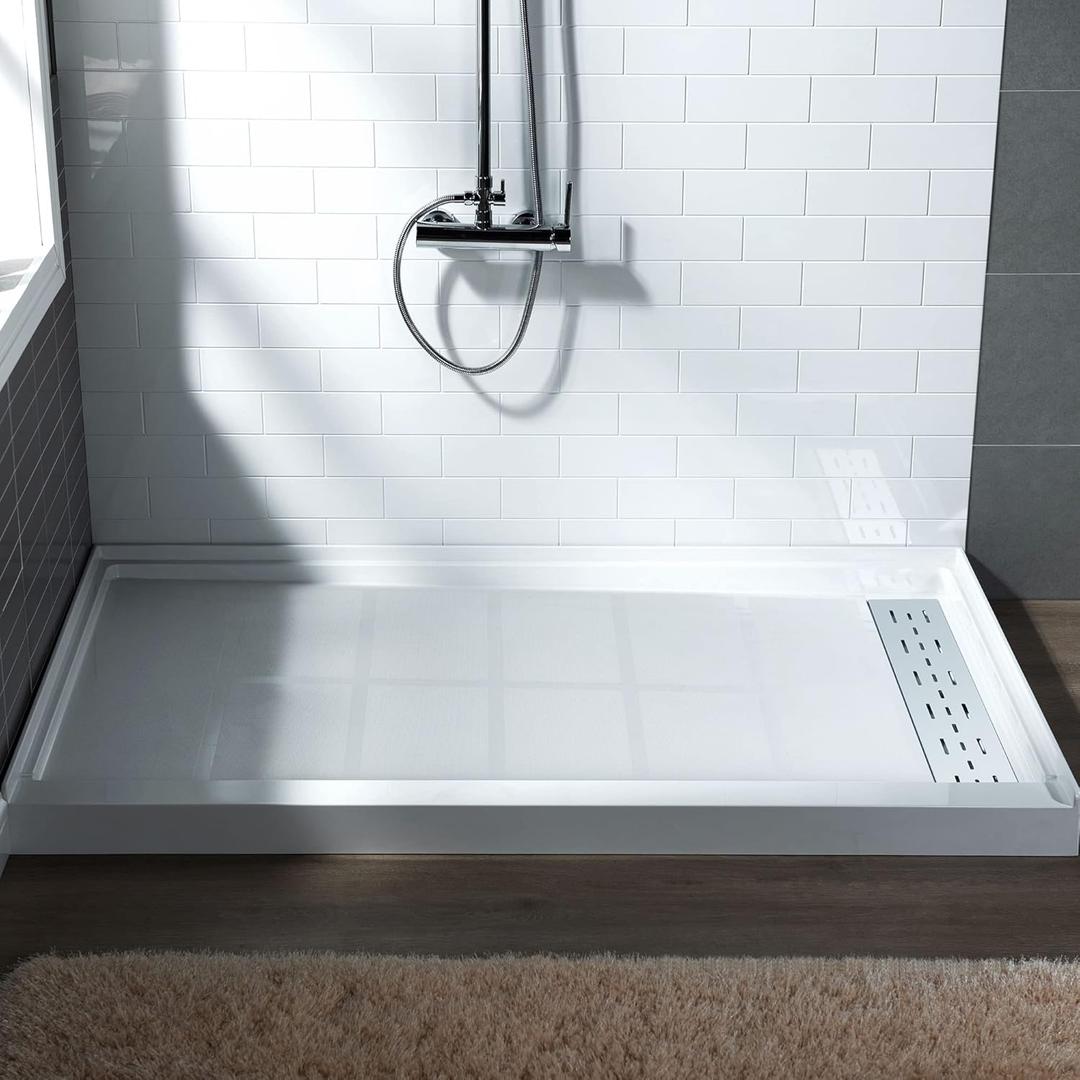 WOODBRIDGE 48"L x 32"W x 4"H Shower Base,Right Drain,Non-Slip Single Threshold Shower Pan, Solid Surface with Chrome Linear Drain Cover