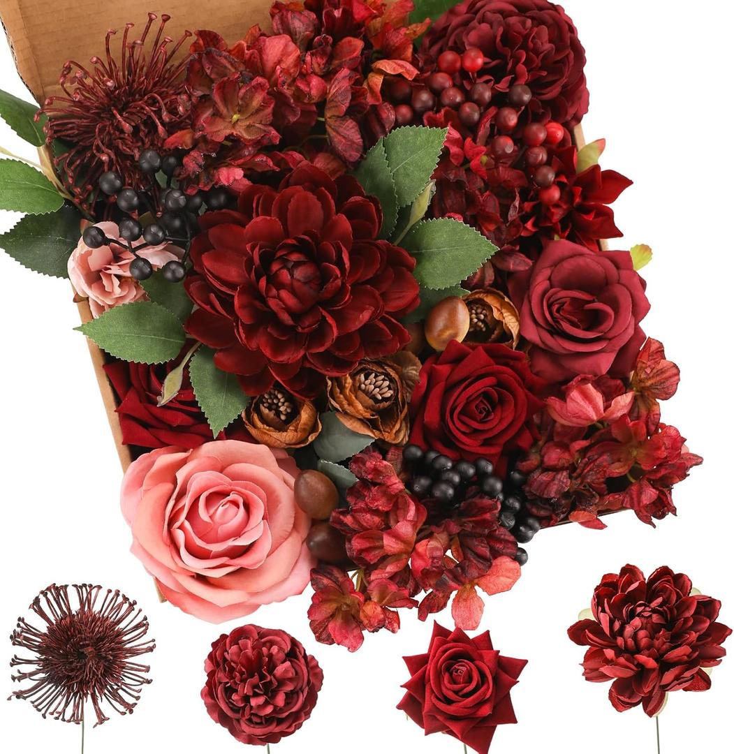 Floweroyal Artificial Flowers Combo Orange Flowers Mix Silk Flowers Dahlia Roses with Stems for DIY Wedding Bridal Bouquets, Baby Shower, Floral Arrangement, Table Centerpieces, Home Decorations