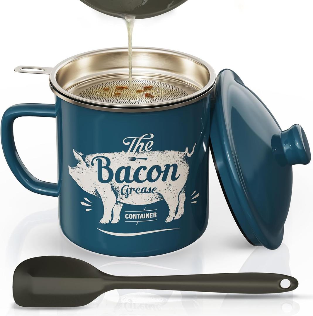 Bacon Grease Container With Strainer, 46OZ Large Enamel Grease Container, With Silicone Spatula, Farmhouse Bacon Grease Keeper, Cooking Oil Container For Kitchen Fat Storage, Dishwasher Safe-Blue