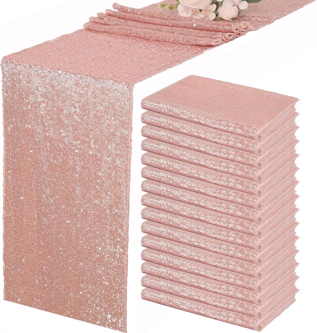 15 Pack Sequin Table Runner 12" x72" Rose Gold Table Runner Sparkly Metallic Sequin Runner Coffee Table Runners for Wedding Anniversary Event Engagement Birthday Party Baby Bridal Shower Dining Decor
