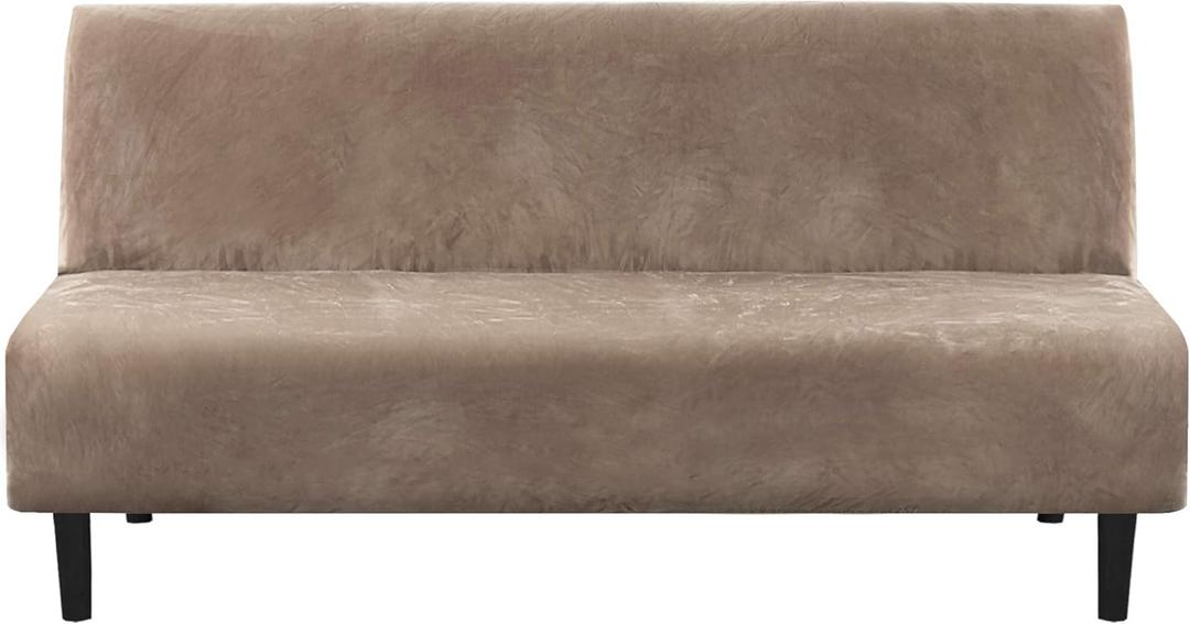 H.VERSAILTEX Real Velvet Futon Cover Armless Sofa Covers Sofa Bed Covers Stretch Futon Couch Cover Sofa Slipcover Furniture Protector Thick Soft Velvet Fabric Form Fitted Stay in Place, Taupe