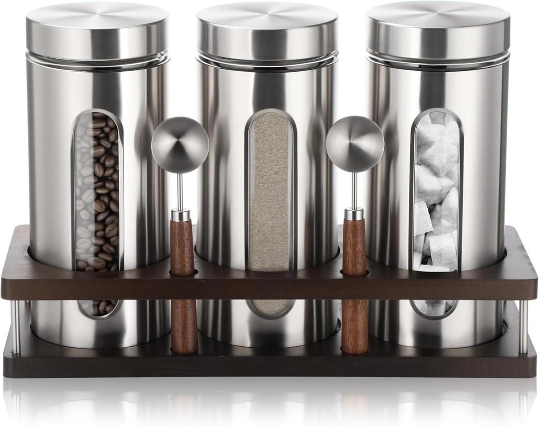 Suclain Stainless Steel Coffee Grounds Canisters with Shelf 3 x 50oz Sugar Coffee Bean Storage Container with Airtight Threaded Lid, Glass Window, Scoop Kitchen Storage Jar Set for Bar Creamer Nut Tea