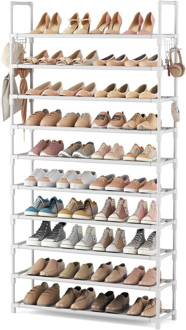 VTRIN 10 Tiers Shoe Rack Tall Large Capacity Wide Shoe Organizer Sturdy Shoe Shelf for Entryway with Two Hooks Metal Shoe Storage for Closet, Bedroom, White