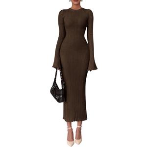 PRETTYGARDEN Sweater Dresses for Women 2026 Fall Bell Long Sleeve Crew Neck Bodycon Maxi Dress Winter Ribbed Knit Outfits (Brown, X-Large)