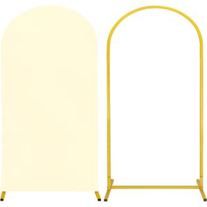 Metal Arch Stand and Cover Set,1 Ivory Spandex Fitted Backdrop with 1 Gold Wedding Arched Stand Frame for Parties Birthday Baby Shower Bridal Banquet Decoration (6.6FT)