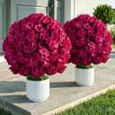 Faux Geraniums for Outdoor Planters: Hot Pink Topiary Ball, 2 Pcs | 26in Faux Silk Flowers with Pot for Front Porch Entryway Yard Patio, Red Geraniums Flower for Outdoor Indoor Decor