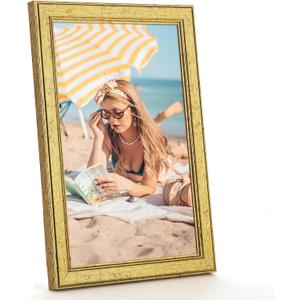 Wood 6x11 Frame Gold, Ornate Natural 11x6in Poster Picture Frame, Modern Golden 6 x 11inch Gallery Wall Photo Frame with HD Plexiglass, Horizontal Vertical Wall Mounting Display 1pcs