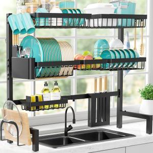 Dish Drying Rack Over The Sink - Large Capacity Stainless Steel Dish Drainer, Multifunctional Kitchen Organizer, Black, 11" D x 31.5"~39.5''W x 30.5" H