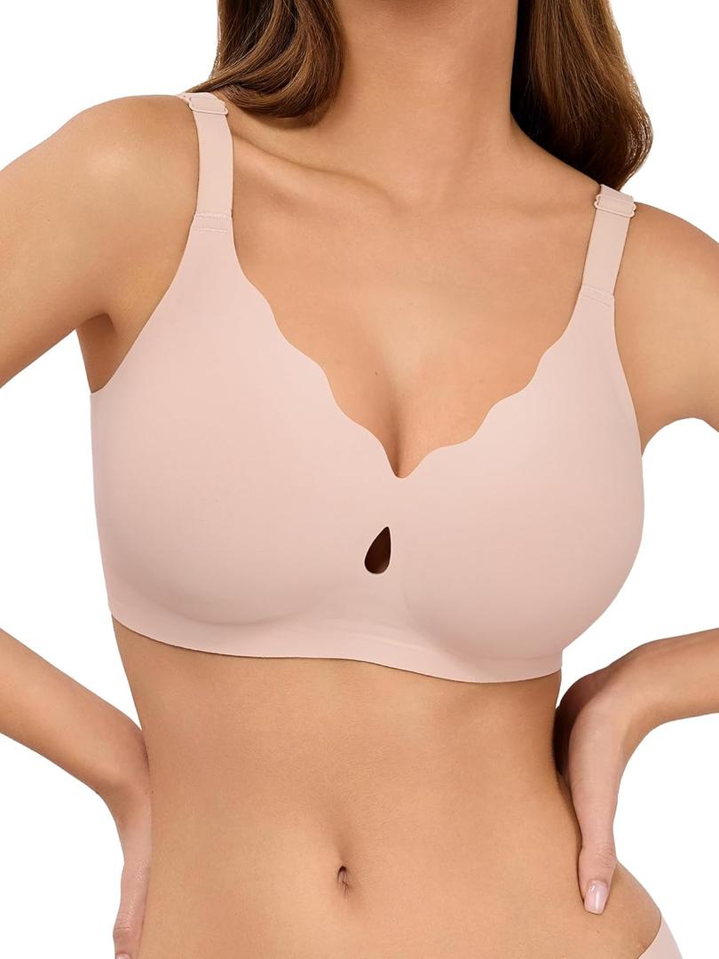 LUCKMEEY Bras for Women No Underwire Wave Push Up Wireless Bra Seamless Bras Full Coverage Bralettes Lift Everyday Bras (Beige, L)