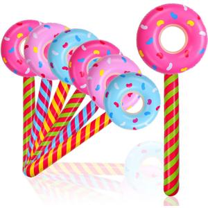 Civaner 6 Pcs Inflatable Donuts 33 Inch Candy Birthday Party Decorations Donut Shape Balloons Large Lollipop Stick Pool Float Candy Themed Party Favors for Kids(Classic Color)