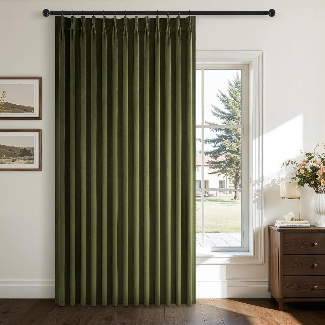 96 inches Long Olive Green Velvet Curtains for Living Room Bedroom Elegant Vintage Room Darkening Thermal Insulated Pinch Pleated Drapes with Hooks Track,Hunter Green,72x96 Inches,1 Panel