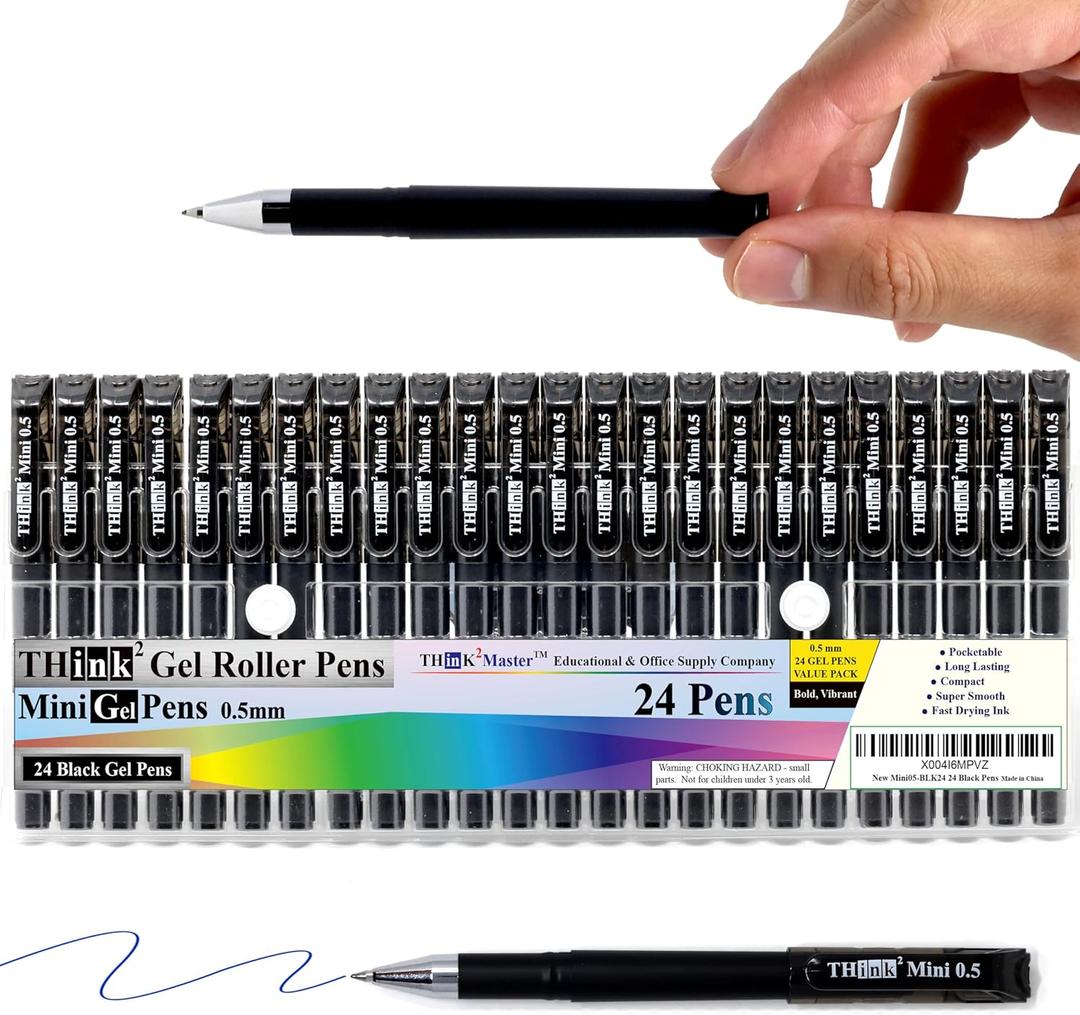 THINK2MASTER [24 Pens - Black Ink Think2 0.5mm Pocketable Mini Gel Pens. (24 Black) Fine Point Small Rollerball Pens with Smooth Quick Drying Ink.
