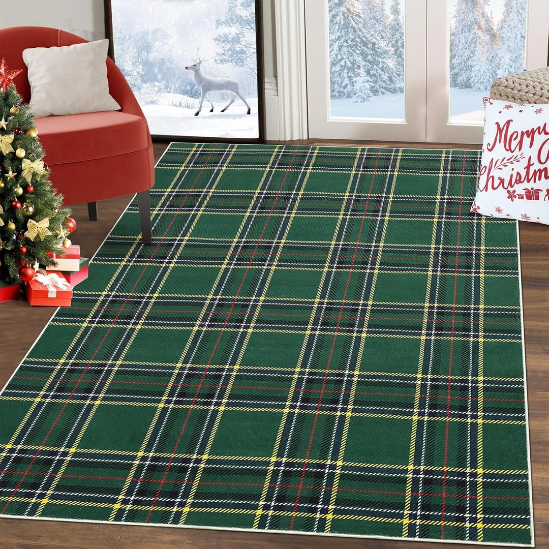 Christmas Washable Area Rug Xmas Buffalo Plaid Area Rugs Holiday Decorative Gingham Check Floor Cover Non-Slip Stain Resistant Accent Rug Farmhouse Dining Bedroom Decor, Green, 4' x 6'