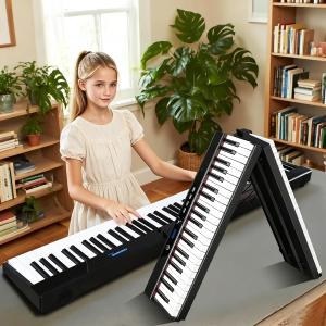 Coolmusic Folding Piano Keyboard 88 Keys, Portable Electric Keyboard with MIDI, Full Size Digital Piano, Wood Grain, Semi-Weighted, Rechargeable, with Storage Bag for Beginner, Compact
