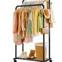 Sakugi Clothes Rack - Double Rods Clothing Rack with Mesh Shelf, Hooks & Wheels, Metal Clothing Racks for Hanging Clothes & Bags, Multifunctional Garment Rack for Laundry, Black, 28.7" x 16.5" x 59.1"
