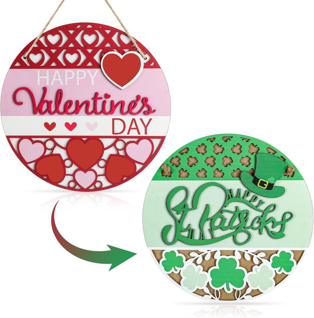 Bucherry Two Sided Valentine's Day St. Patrick's Day Door Sign 3D Thickened Wooden Reversible Irish Decor Valentine Decorations Heart Clover Welcome Door Sign for Yard Home Decorations