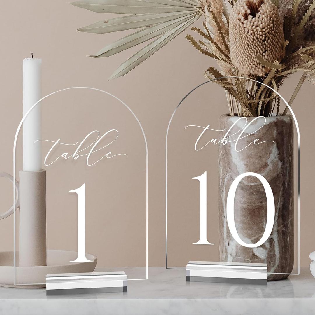 Clear Arch Table Numbers for Wedding, 5x7 Inch Arched Acrylic Table Numbers 1-10 with Stands, Clear Acrylic Arch Sign with Holder for Centerpiece, Reception, Wedding, Party, Event