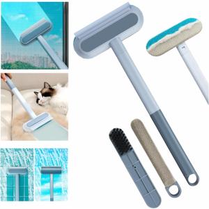 4 in 1 Window Screen Cleaning Brush with Handle, Wet and Dry Window Cleaner with Squeege, Dog and Cat Hair Remover, Suitable for Furniture, Carpet, Clothes, Bedding, Window Screen