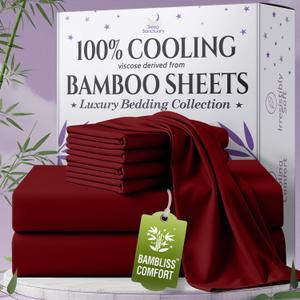 SLEEP SANCTUARY 100% Viscose Derived from Bamboo Sheets Queen Size 6pcs  BamBliss Luxury Cooling Sheets for Hot Sleepers - Cloud Soft, 17" Deep Pocket, Ultra Durable Bed Set (Burgundy)