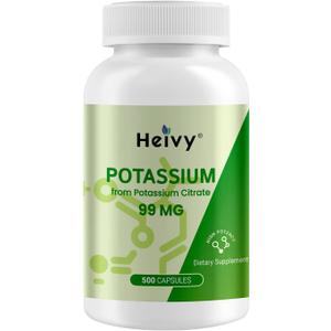 Heivy Potassium Citrate 99mg 500 Capsules | Potassium Supplement for Electrolyte Support | Vegan, Gluten-Free| Lab Tested | Made in USA