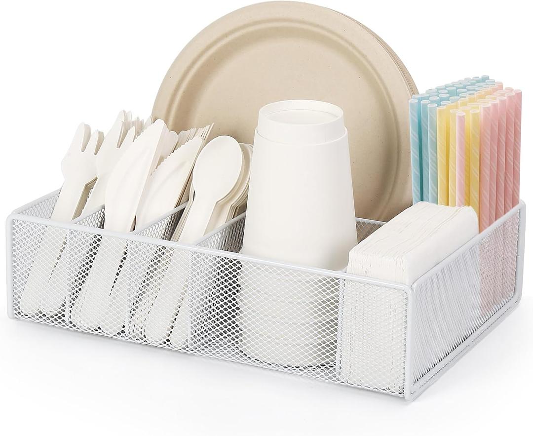 Paper Plate and Utensil Holder Caddy, Metal Silverware Utensil Caddy for Party, Camping, Picnic with 6 Compartments, Outdoor Cutlery Holder for Cup, Napkin, Plates,Plastic Silverware