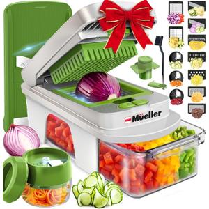 Mueller Pro-Series All-in-One, 12 Blade Mandoline Slicer for Kitchen, Food Chopper, Vegetable Slicer and Spiralizer, Cutter, Dicer, Grater, Kitchen Gadgets Sets with Container, White Sand/Pastel Green