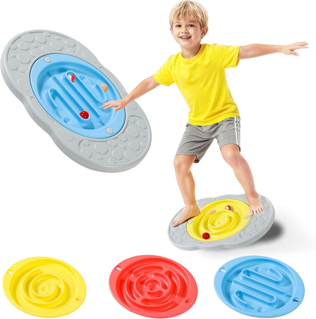 2-in-1 Kids Maze Balance Board, 3 Swappable Labyrinths & 3 Challenge Balls, Non-Slip Rubber Base Wobble Board for Core Training, Skate Prep & ADHD Focus, Ages 3-12, 18.2 x 11.5 x 3.2 inches