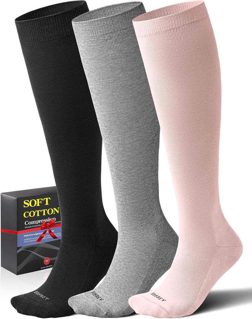 Soft Cotton Compression Socks for Women Men 20-30mmHg - Knee High Support for Circulation, Nurses, Pregnancy, Travel (Medium-Large, 3 Pairs - Classic Solid)