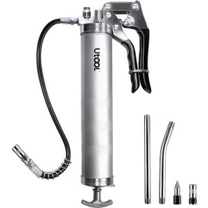UTOOL Grease Gun, 8000 PSI Heavy Duty Pistol Grip Grease Gun Kit with 14 oz Capacity, 18 Inch Resin Flex Hose, 2 Basic Coupler, 2 Extension Rigid Pipe and 1 Sharp Type Nozzle, Argent Matte Finish (Silver)