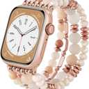VISOOM Beaded Boho Bracelet for Apple Watch Series 11 10 Se 9 8 7 6 5 4 3 2 1 Bands 42mm 41mm 40mm 38mm Women, Fashion Handmade Cute Crystal beads Stretchy Watch Strap for Iphone iWatch Bands-White/Khaki