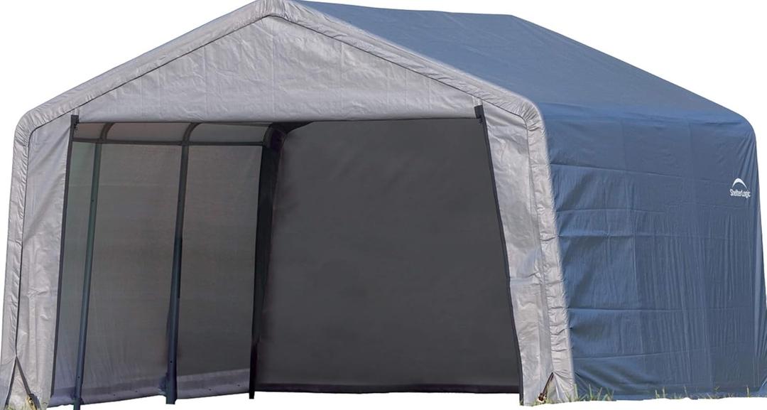 ShelterLogic Shed-in-a-Box All Season Steel Metal Peak Roof Outdoor Storage Shed with Waterproof Cover and Heavy Duty Reusable Auger Anchors 12' x 12'