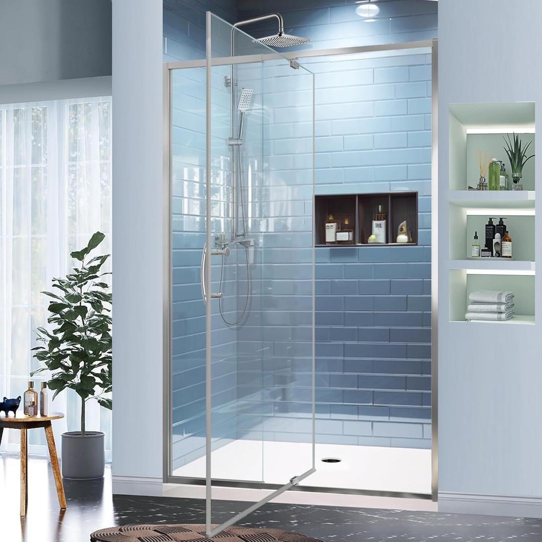 GroGro 44-48" W x 71" H Semi-Frameless Pivot Swing Glass Shower Door,with 1/4" (6mm) Clear SGCC Tempered Glass,Chrome Finish,Reversible Installation