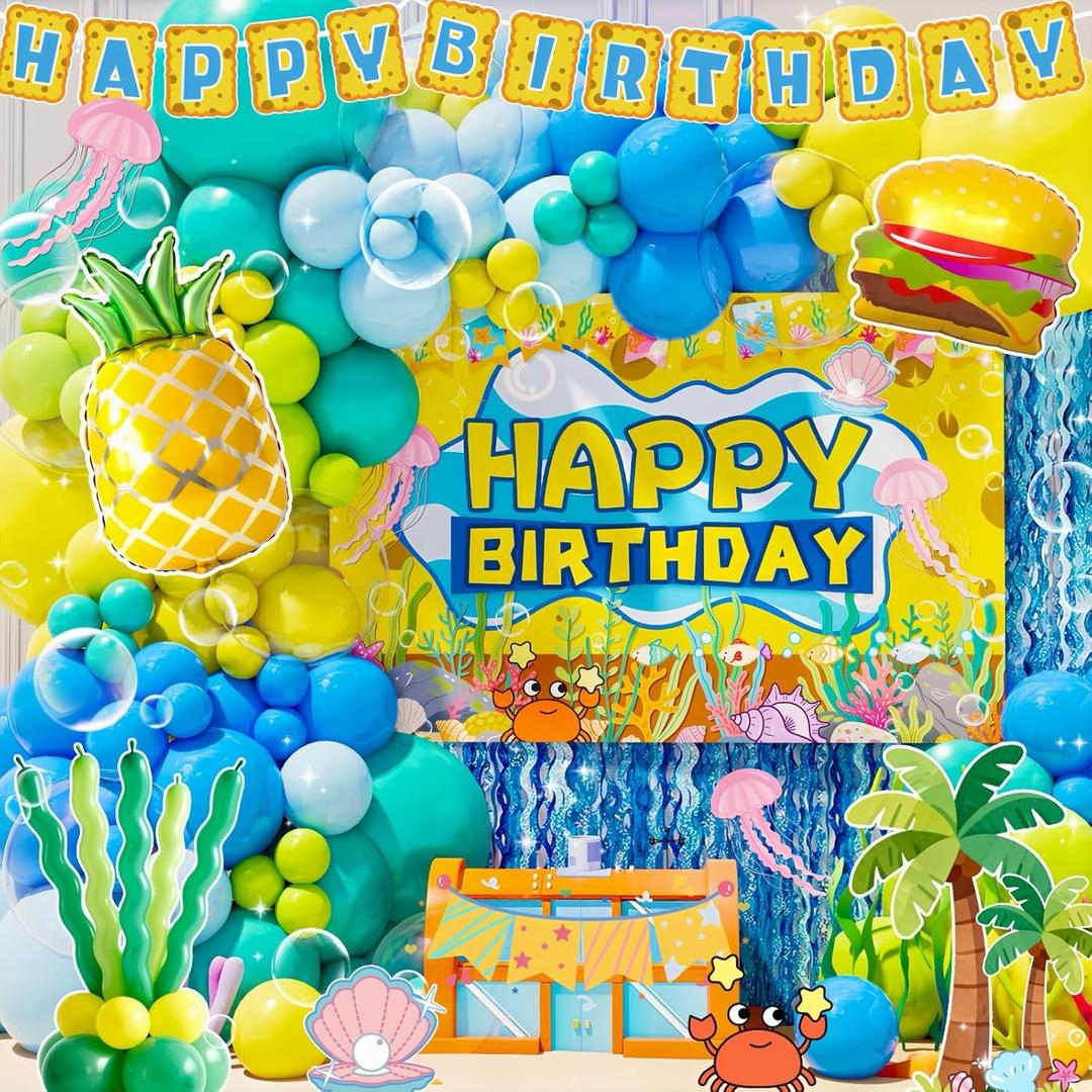 Sponge Birthday Decorations Kit - 153Pcs Under the Sea Party Supplies with Balloon Arch, Backdrop & Video Guide - All-in-One Vibrant Decor for Kids & Teens Birthday, Easy No-Stress Setup, 5.9ft backdrop