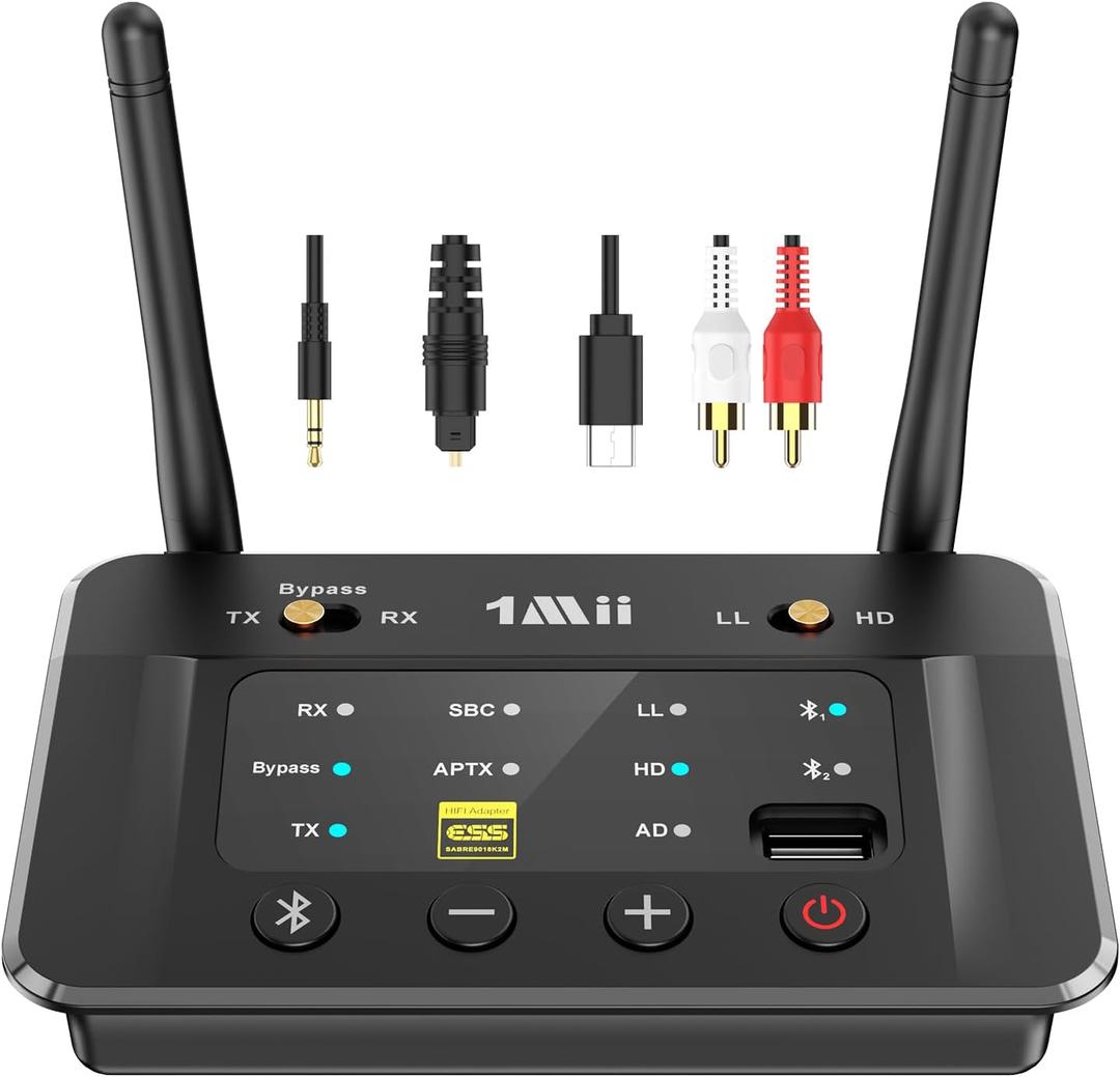 1Mii B03S Bluetooth 5.3 Transmitter Receiver for TV Home Stereo, Wireless Audio Adapter with Audiophile DAC, aptX Adaptive/LL/HD, Dual Link, Optical RCA AUX 3.5mm Inputs/Outputs
